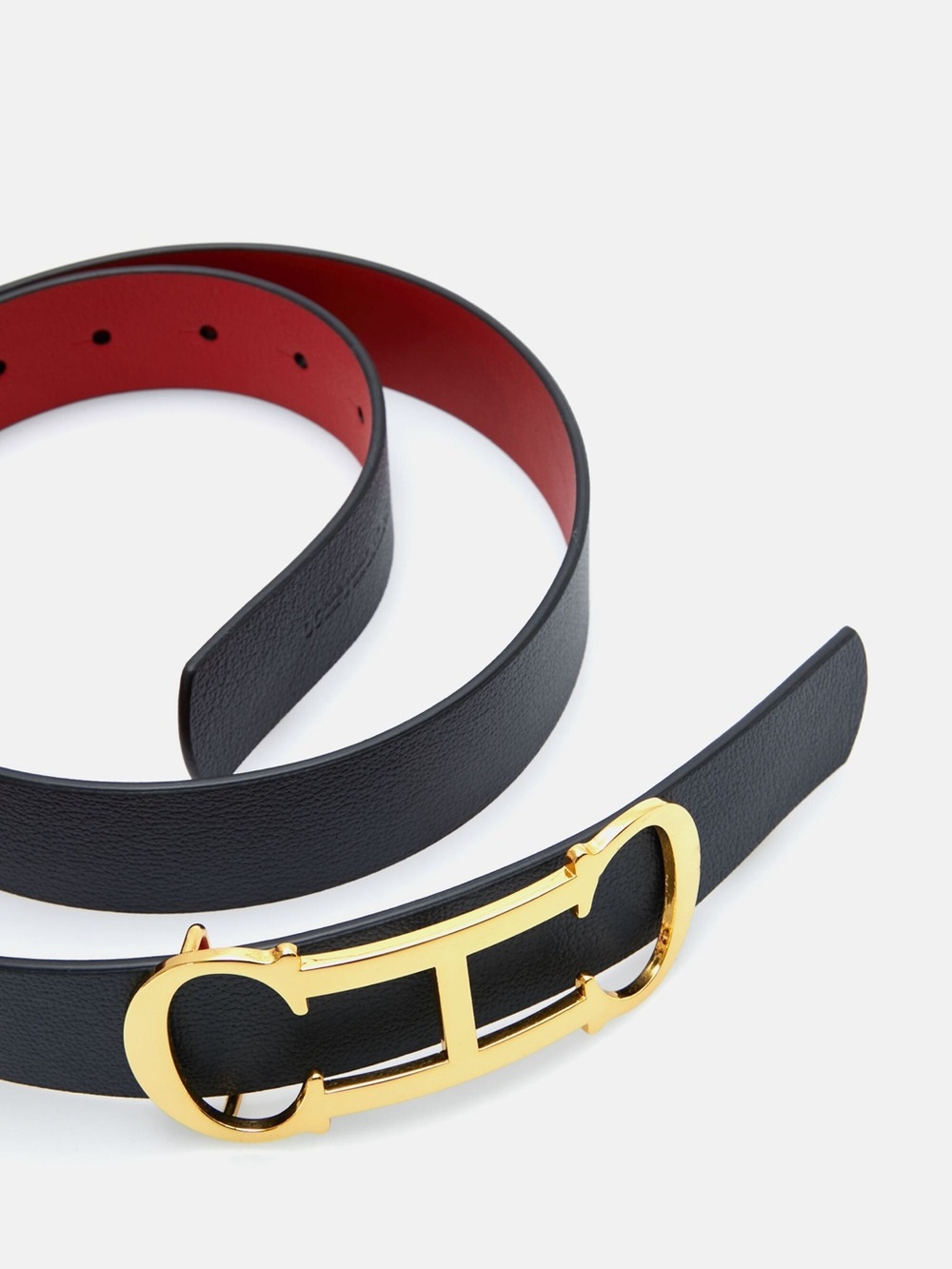 Carolina Herrera Black Leather Belt with Red Lining and Gold Logo Buckle
